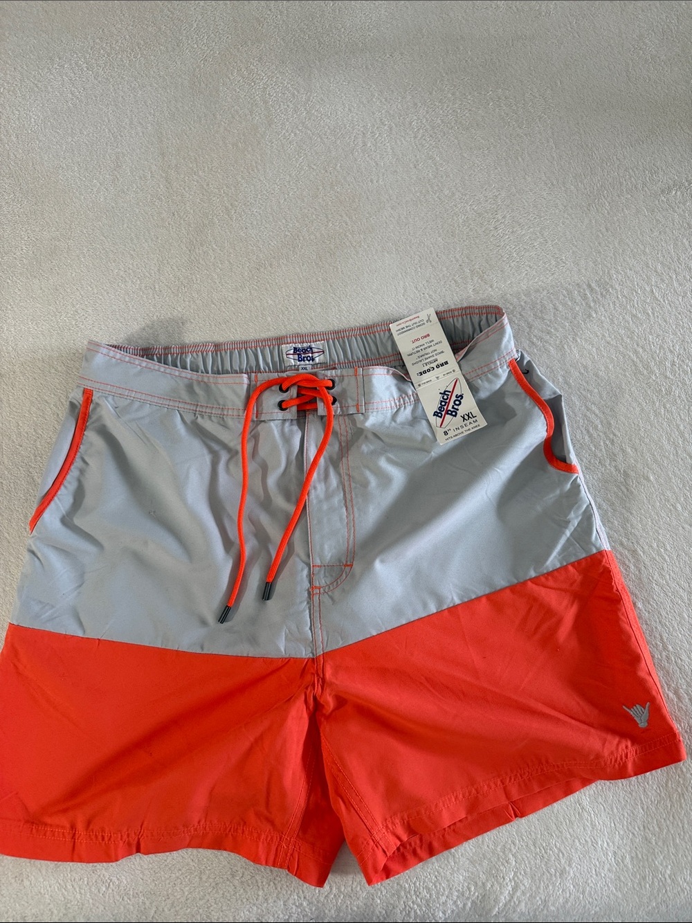 Beach Bros.  Two-Tone Light Gray & Bright Orange Men’s Swim Board Shorts